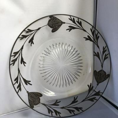 Vintage Glass Tray with Sterling Silver Design Around the Edges and Crystal Cut Center