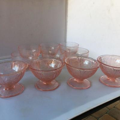 Lot of Six Etched Footed Depression Cups with handles and FOUR Footed Etched Ice Cream Glasses