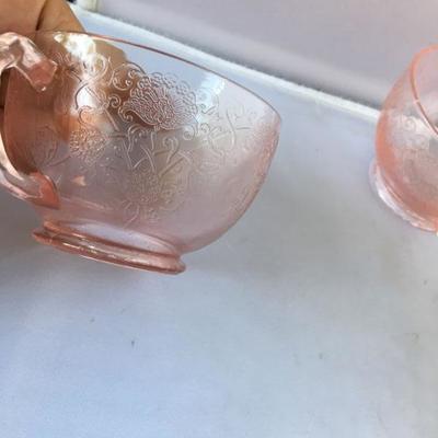 Lot of Six Etched Footed Depression Cups with handles and FOUR Footed Etched Ice Cream Glasses