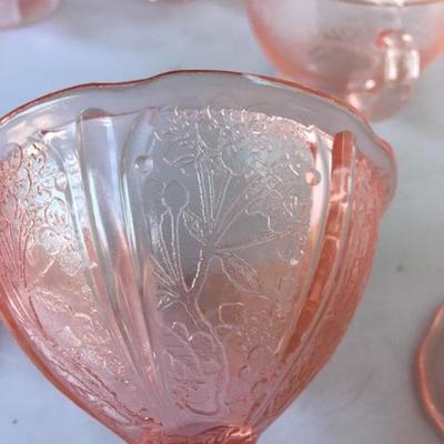 Lot of Six Etched Footed Depression Cups with handles and FOUR Footed Etched Ice Cream Glasses