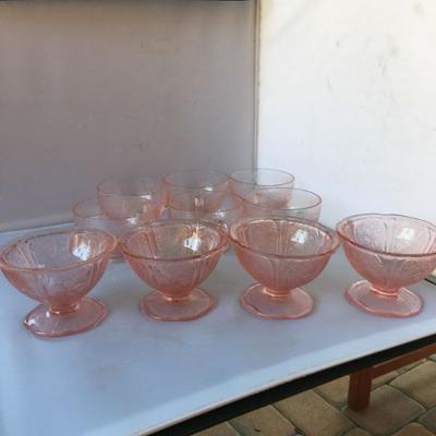 Lot of Six Etched Footed Depression Cups with handles and FOUR Footed Etched Ice Cream Glasses