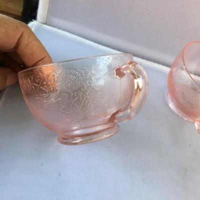Lot of Six Etched Footed Depression Cups with handles and FOUR Footed Etched Ice Cream Glasses