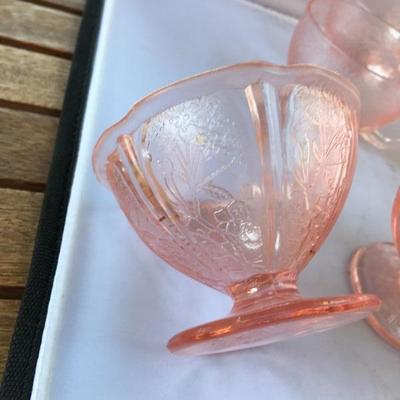 Lot of Six Etched Footed Depression Cups with handles and FOUR Footed Etched Ice Cream Glasses