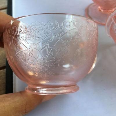 Lot of Six Etched Footed Depression Cups with handles and FOUR Footed Etched Ice Cream Glasses