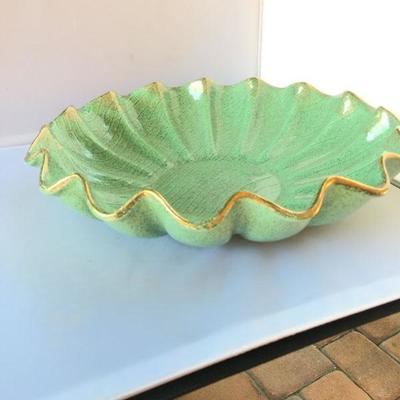 Vintage Large Ruffled Ceramic Bowl with Gilded Edges