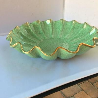 Vintage Large Ruffled Ceramic Bowl with Gilded Edges