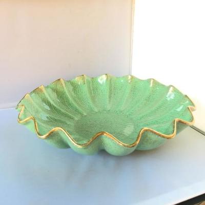 Vintage Large Ruffled Ceramic Bowl with Gilded Edges
