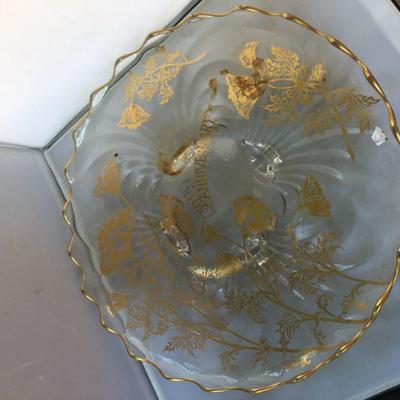 Vintage Ca. 1940's Large Footed Frosted Fruit Punch Bowl Colored Bottom with Bubbles