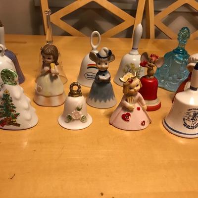 Assortment of 9 Bells Collection Fenton Etched Crystal 