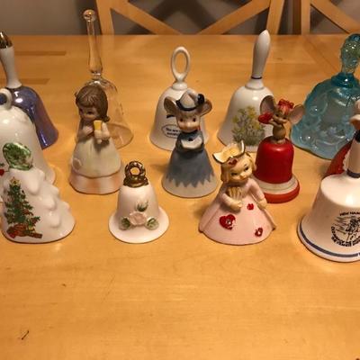 Assortment of 9 Bells Collection Fenton Etched Crystal 