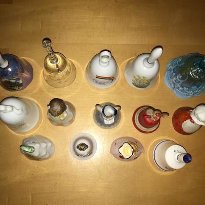 Assortment of 9 Bells Collection Fenton Etched Crystal 