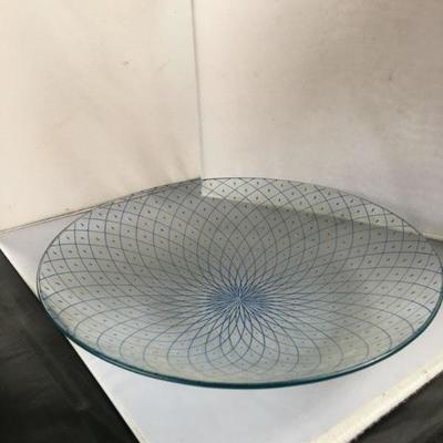 Vintage Glass Platter with Blue Lines Design