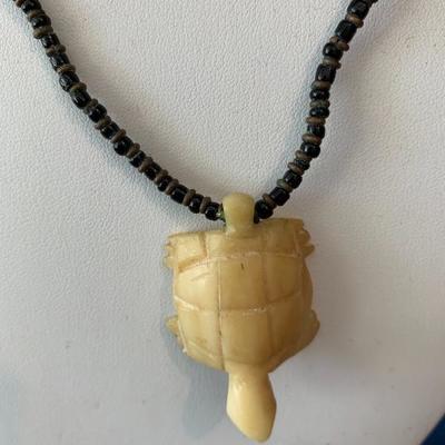 Vintage Hand Carved Bone Turtle Charm on Bead Necklace