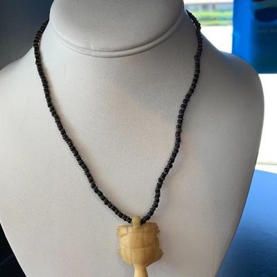 Vintage Hand Carved Bone Turtle Charm on Bead Necklace