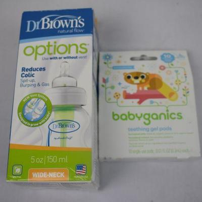 Dr. Brown's Natural Flow Wide Neck 5 oz & Babyganics Teething Gel Pods - New