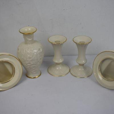 Lenox Cream Glass W/ 24k Gold: 2 Candle Holder, Vase, 2 Frames