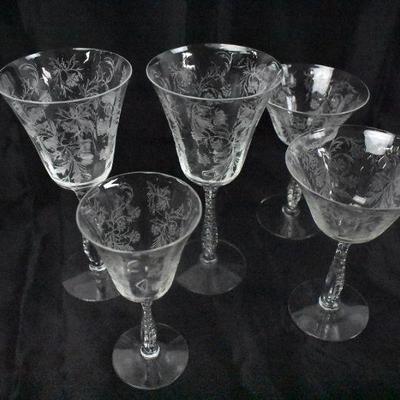 Vintage Assorted Size Etched Glass Stemware - 5 pieces total (3 diff styles)