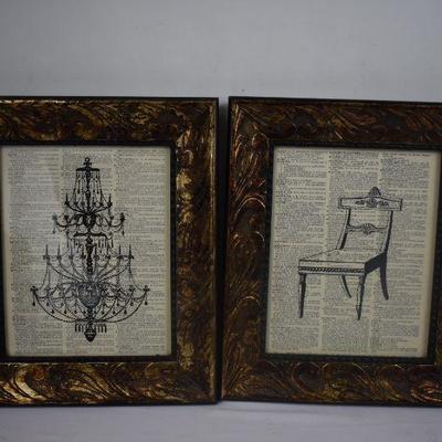 Vintage Dictionary Paper Prints W/ Bronze Frames 11.5