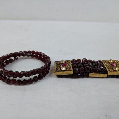 Costume Jewelry: 2 Red/Gold Tone Stretch Bracelets