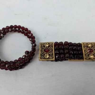 Costume Jewelry: 2 Red/Gold Tone Stretch Bracelets