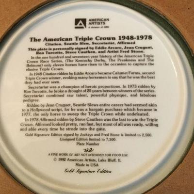 Signed in Gold Framed FRED STONE COLLECTOR PLATE THE AMERICAN TRIPLE CROWN 1937-1946 and FRED STONE COLLECTOR PLATE THE AMERICAN TRIPLE...