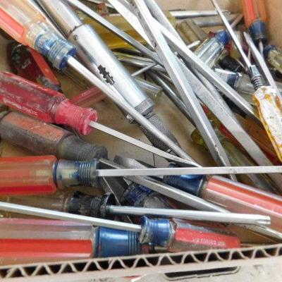 Large Box Full of Various Sized Screw Drivers Flat and Phillips Head