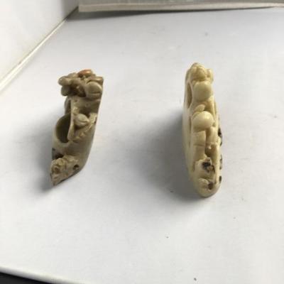 Lot of TWO Antique Hand Carved Petite Soapstone Inkwells