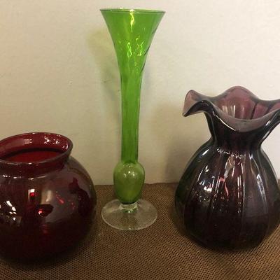 Lot#297 Colored Glass Lot of 3 Vases