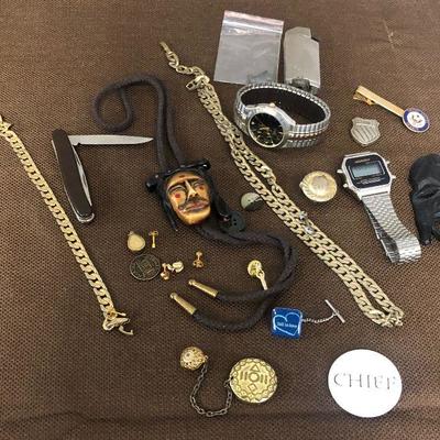 Lot#304 Men's Jewelry Lot: Pocket Knife, Chains, Bracelets, pins, watches