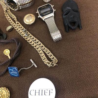 Lot#304 Men's Jewelry Lot: Pocket Knife, Chains, Bracelets, pins, watches