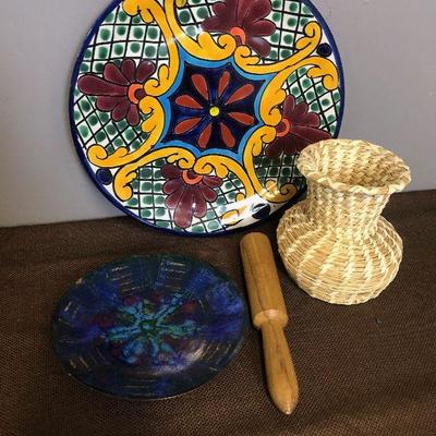 Lot#313 Enamel on copper Plate, Basket and Ceramic Plate 