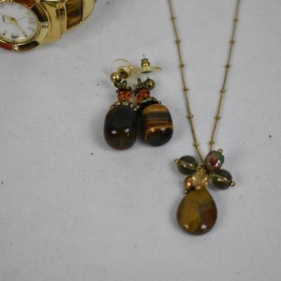 Costume Jewelry: Gold Tone/Tiger Eye Earrings/Necklace & Watch