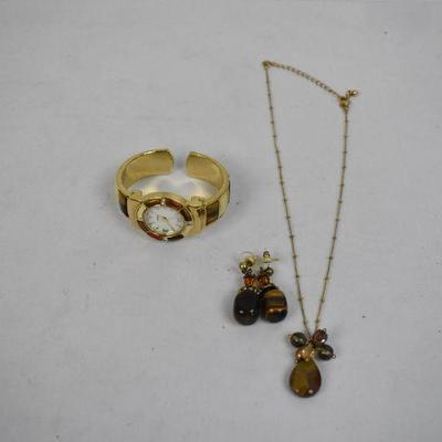 Costume Jewelry: Gold Tone/Tiger Eye Earrings/Necklace & Watch