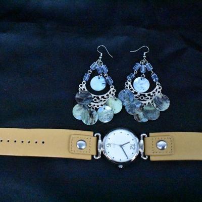 Costume Jewelry: Tan Watch & Blue/Silver Dangle Earrings
