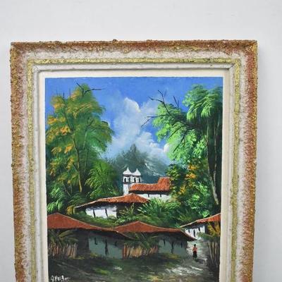 Village Painting With Textured Frame