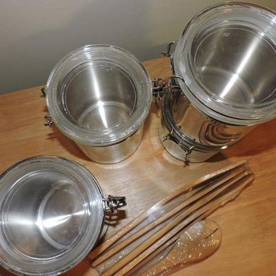 Lot of Metal Kitchen Canisters with Wooden Utensils