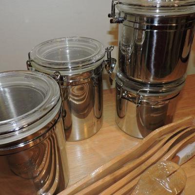 Lot of Metal Kitchen Canisters with Wooden Utensils