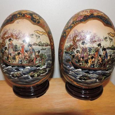 2 Large Decorative Painted Satsuma Eggs