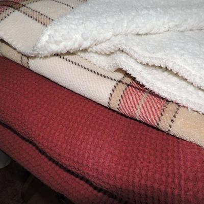 Red Waffle Blanket (Queen) and Plaid Sherpa Throw