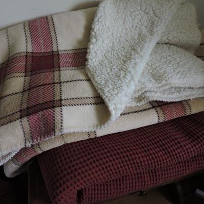 Red Waffle Blanket (Queen) and Plaid Sherpa Throw