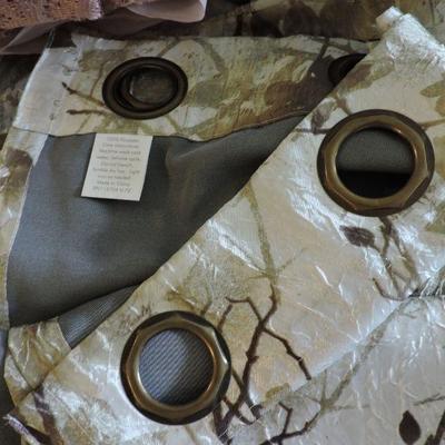 Set of 4 Tan and Brown Patterned Room Darkening Grommet Curtains