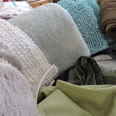 Large Lot of Assorted Bath and Kitchen Mats and Shower Curtains