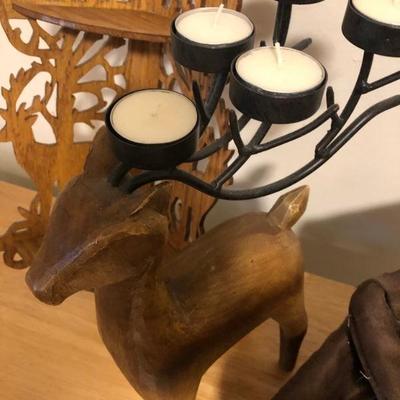 Carved Deer Corner Shelf, Reindeer Candle holder, and 2 Baskets