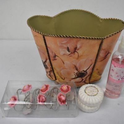 Floral Trash TIn, Flower Shower Curtain RIngs, Almond Soap (2), Cherry Blossom