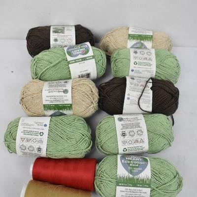 9 Bundles of Yarn, 2 Spools of Thread Green/Brown/Red