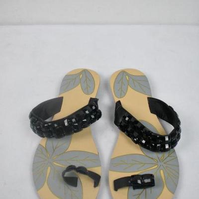 Beaded Toe Loop Sandal, Black, 9 - New
