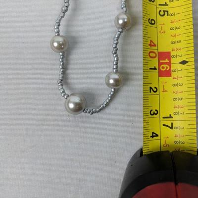 Costume Jewelry: Gray Bead/Faux Pearl Necklace/Earrings - New