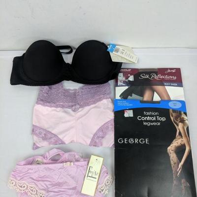 Lingerie: Black Bra 34B, Pink Underwear L, Purple Underwear XL, TIghts - New