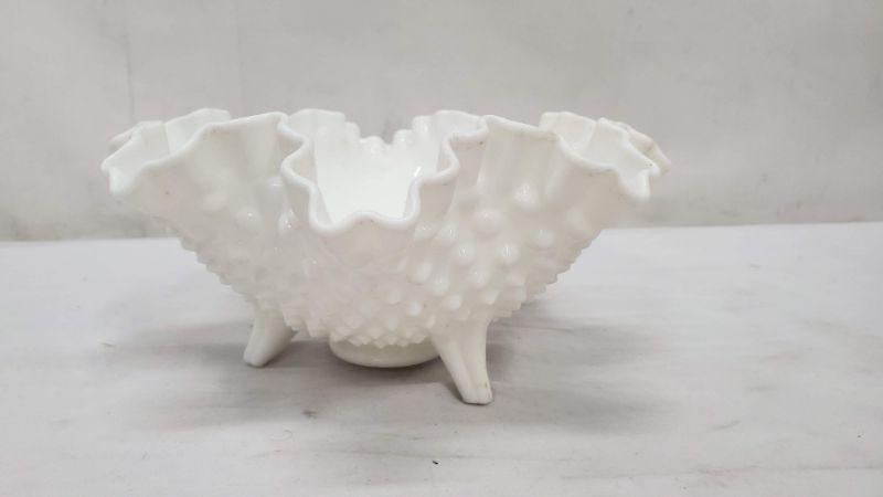 White Hobnail 3-Toed Candy Dish, Ruffled Crimped Edge, Nut/Candy Dish, Unmarked
