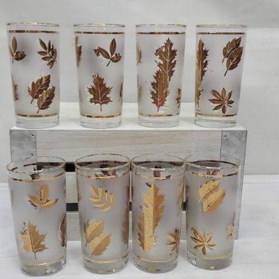 Set of 8 Mid Century Libby Gold Leaf Drinking Glasses, Carrier Rack, Vintage